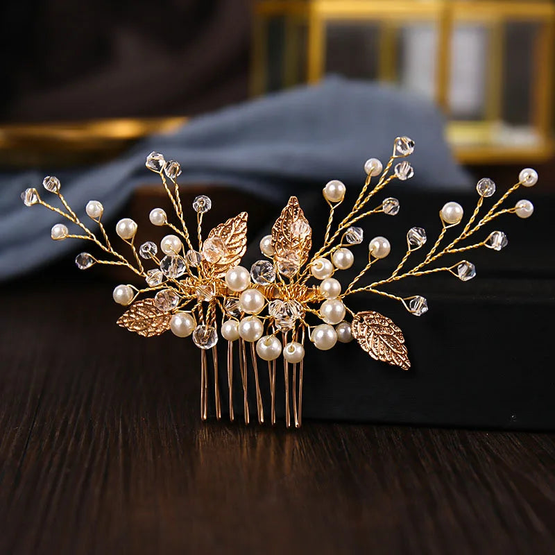 Crystal Pearl Hair Comb Clip Pin Alloy Leaf Hair Comb Handmade Headband For Women Bride Wedding Hair Accessories Jewelry