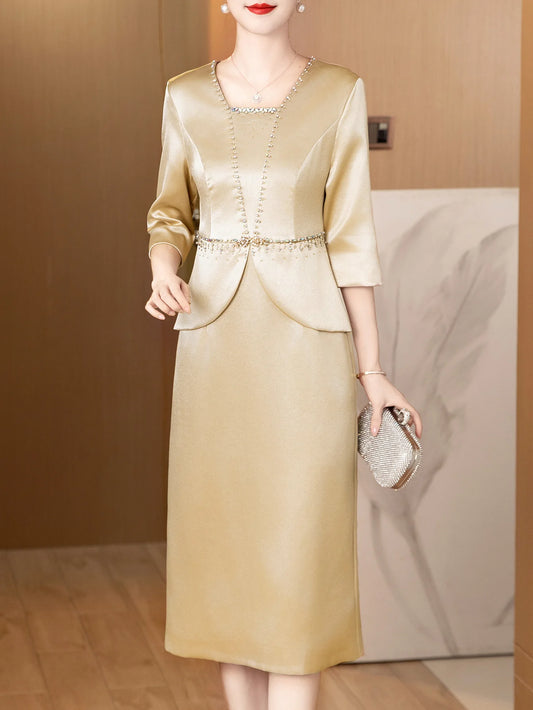 Champagne dress wedding banquet three-quarter sleeve dress