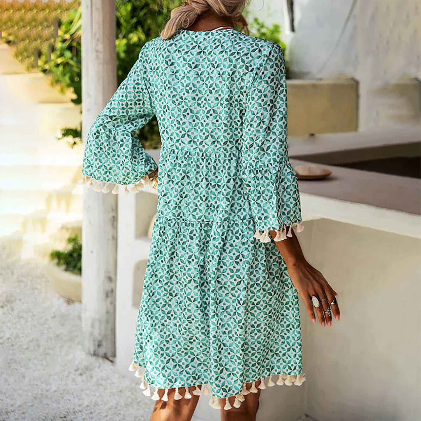 Ladies Lace Trim V Neck Short Sleeve Loose  Dress with Pockets Fashion Women Summer Casual Bohemian Print Dress