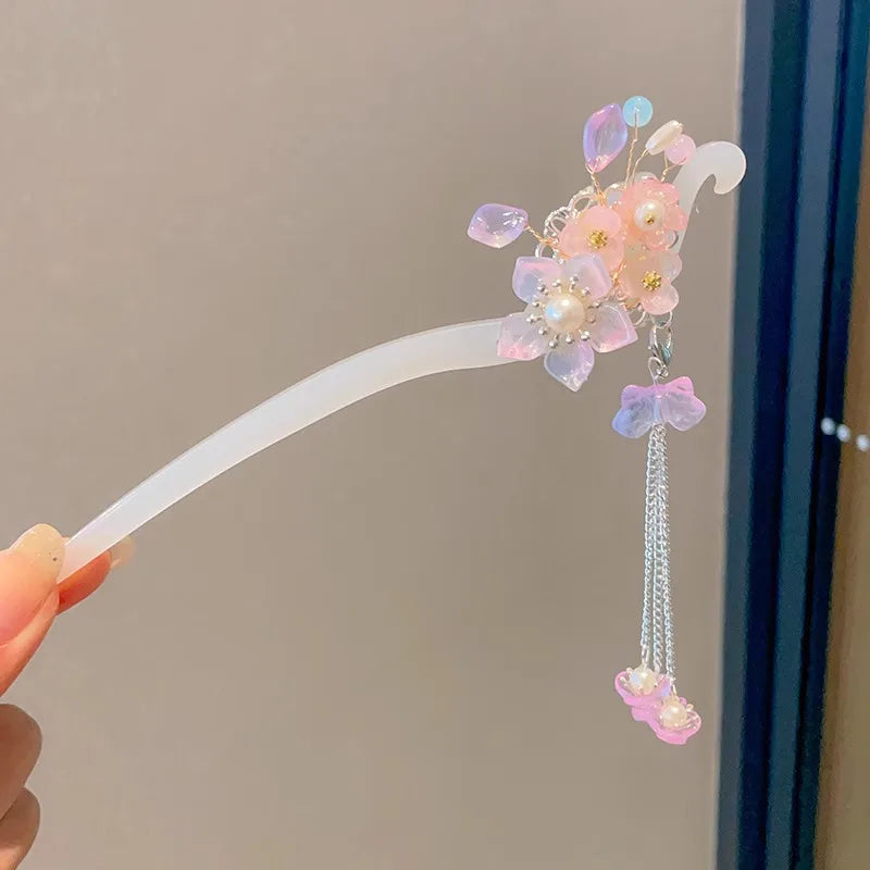 Elegant Chinese Style Hair Accessory Romantic Enameled Flower Tassel Hair Pin Alloy Jewelry Hairpin For Women Fashion Hairpin