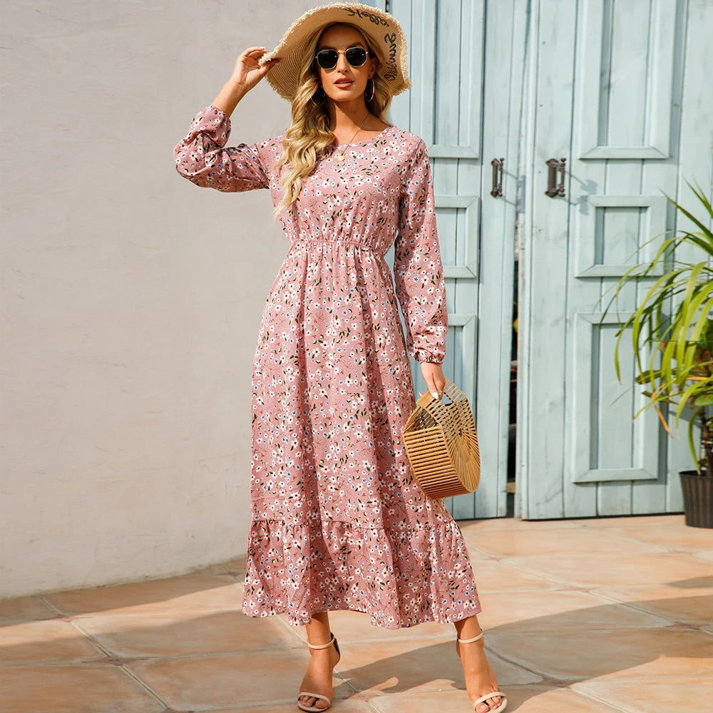 Bohemian Women's Maxi Dress Casual Long Sleeve High Waist Beach Woman Chiffon Dresses Floral