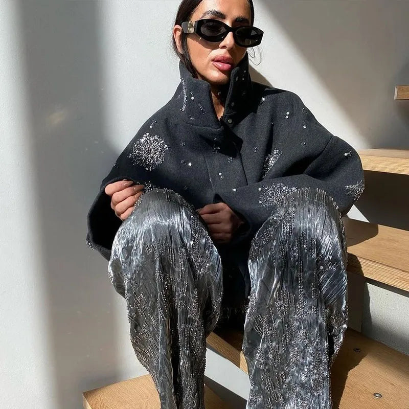 Casual Embroidery Beading Loose Women Coat Lapel Collar Bat Sleeve Solid Wool Blend Jacket Lady Luxury Outerwear