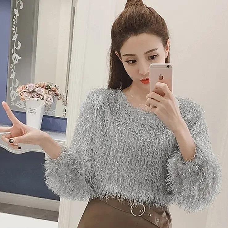 Spring Autumn Tassel O-neck Lantern Sleeve Short Blouses