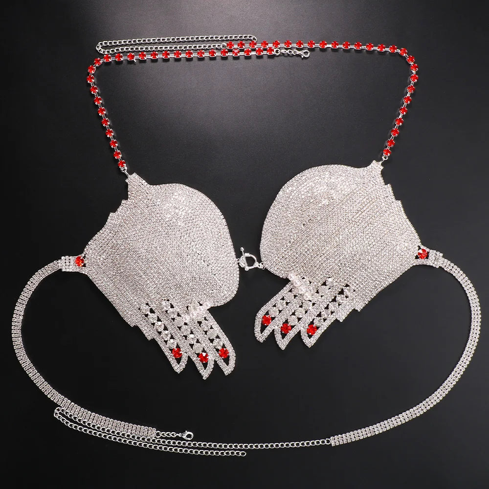 Palm Top Crystal Bikini Bra Lingerie Jewelry  Rhinestone Chest Body Chain