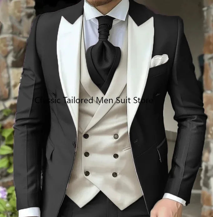 Elegant Wedding 3 Piece Jacket Pants Vest Full Set Luxury Single Breasted Peak Lapel  Male Clothing Men's Suits Blazer