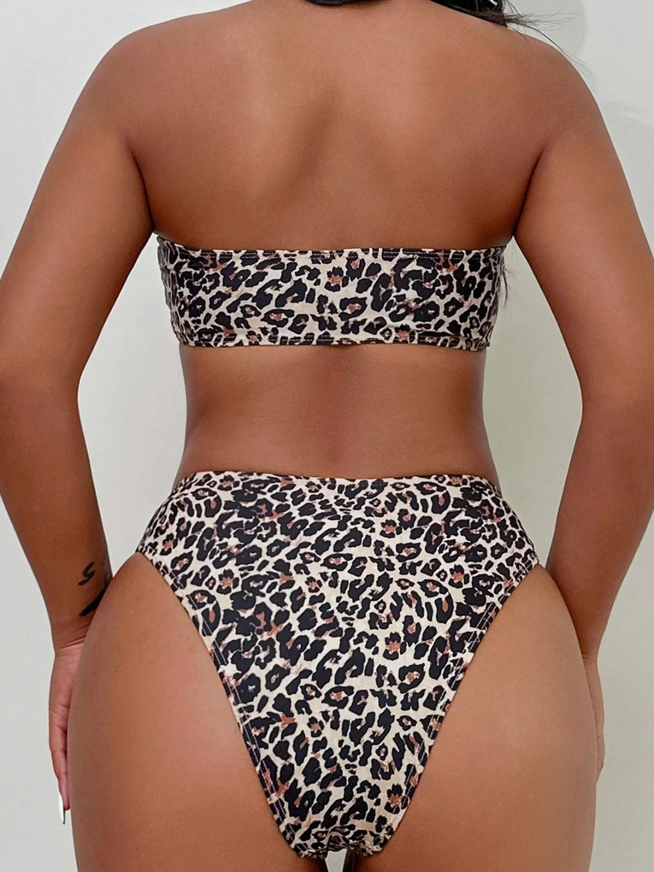 Sexy Leopard Print Two Piece Swimsuit for Women Strapless Backless Bikini Set