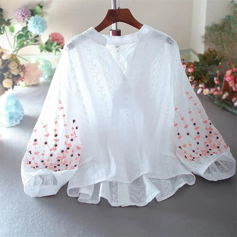 V-Neck Embroider Blouse  Lace Lantern Sleeves Cotton