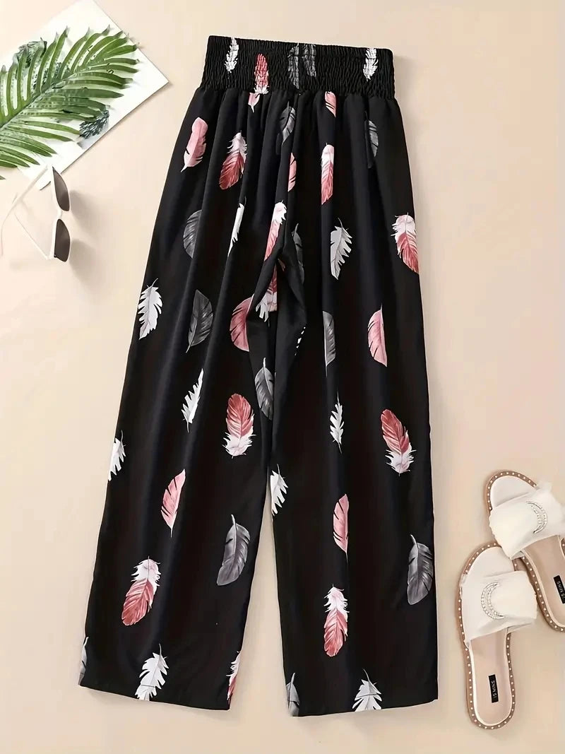 Floral Pants Spring and Summer Thin High Waist Slim Ice Silk Stretch Floral straight-leg Women's Pants