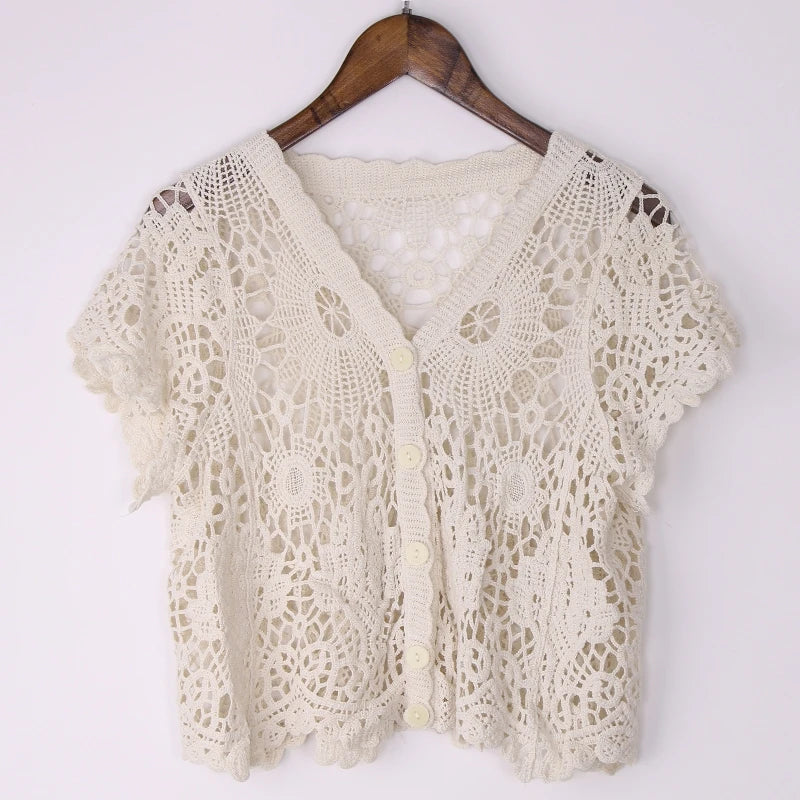 Women French Style Short Sleeve Lace Hollow Out Crochet Knit   V-Neck Button Down Sheer Crop