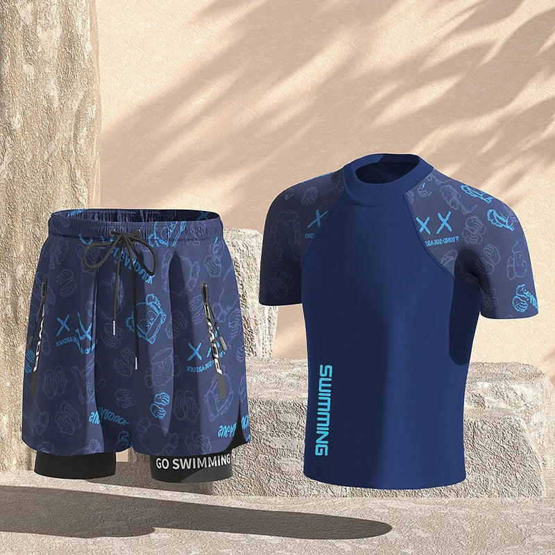 Men Professional Water Sports Competitive Swim Shirts+Trunks Glasses Cap Quick-Drying Beach Surfing Bathing Shorts Goggles Hat