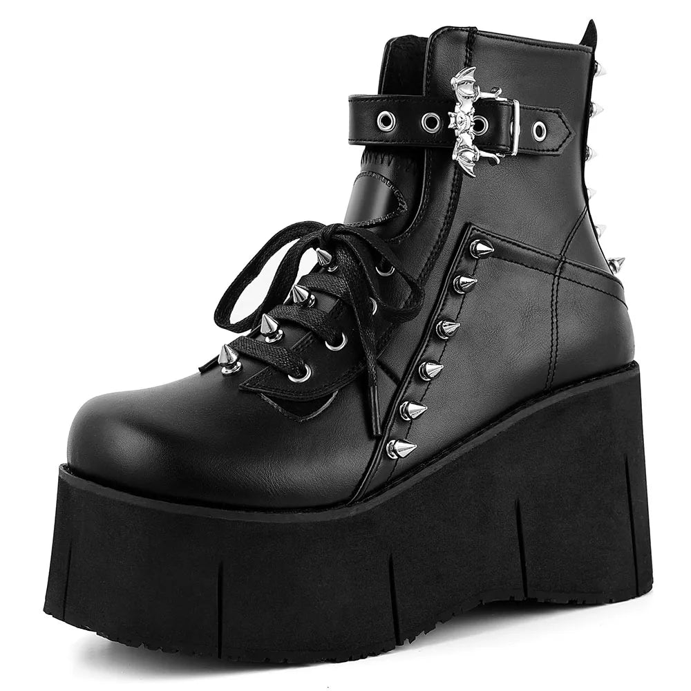 Goth Punk Stylish High Platform Ankle Boots High Wedges Heel Side Zipper Round Toe