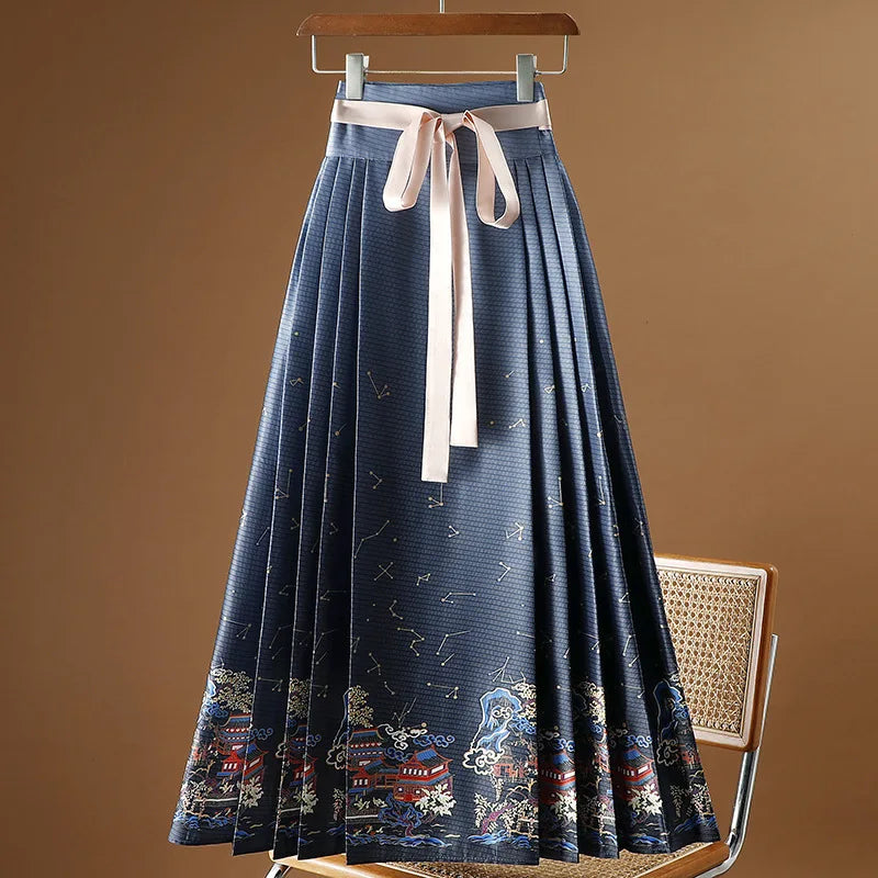 Vintage Maxi Chinese Style Horse Face Skirts  Pleated