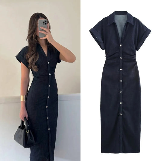 Spring 1975 series denim MIDI dress with lapel side zipper fashion wrinkle waist slim elegant dress