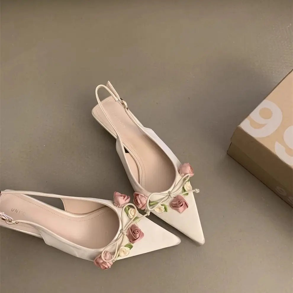 French Style Matching Skirt with High Heels Shoes Exquisite Sandals Flower Decoration Elegant Sandals