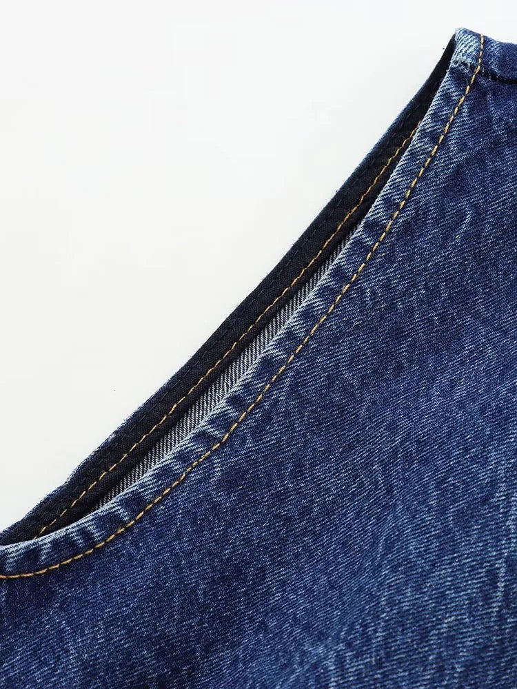 Casual All-match Round Neck Sleeveless Blue Slim Waist Denim Vest