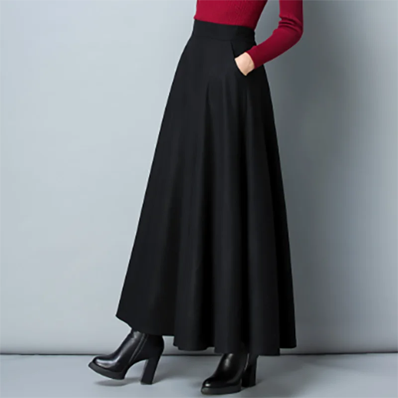 Long Woolen High Waist  A Line Thick Warm Pocket Maxi Skirt