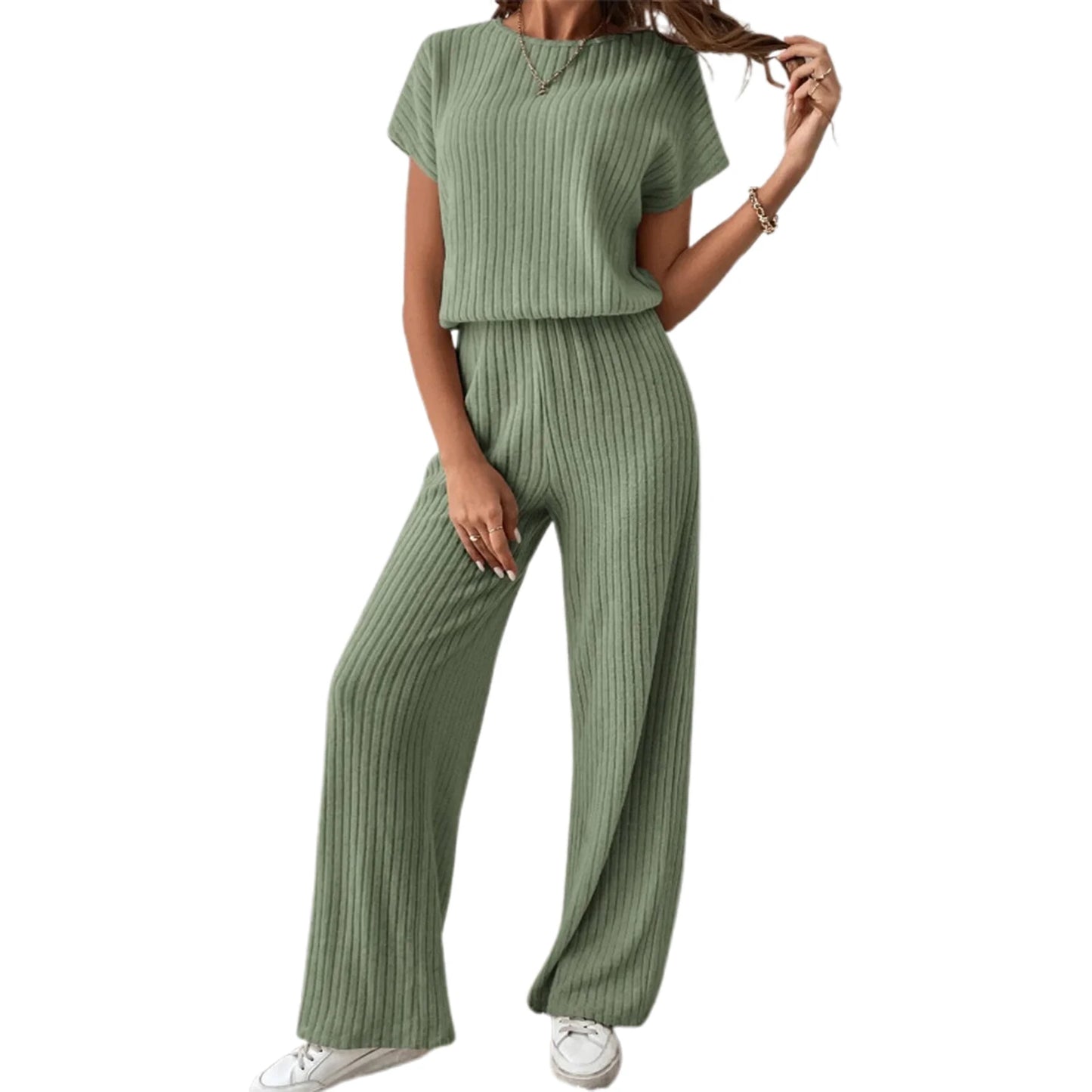 Women s 2 Piece Cozy Lounge Wear Set with Short Sleeve Ribbed Top and Wide Leg Pants for Casual Outings