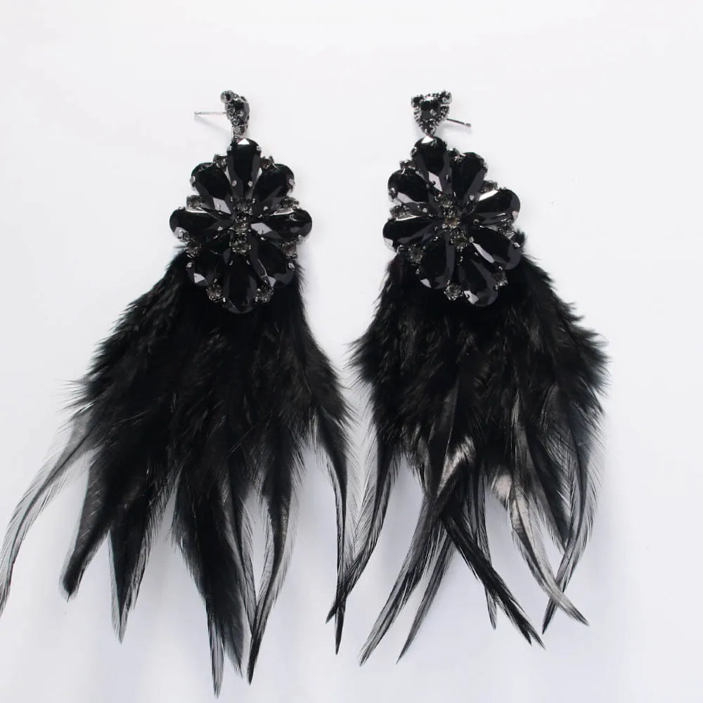 Black Feather Dangle Earrings Piercing Inlaid Rhinestone Hanging Earrings