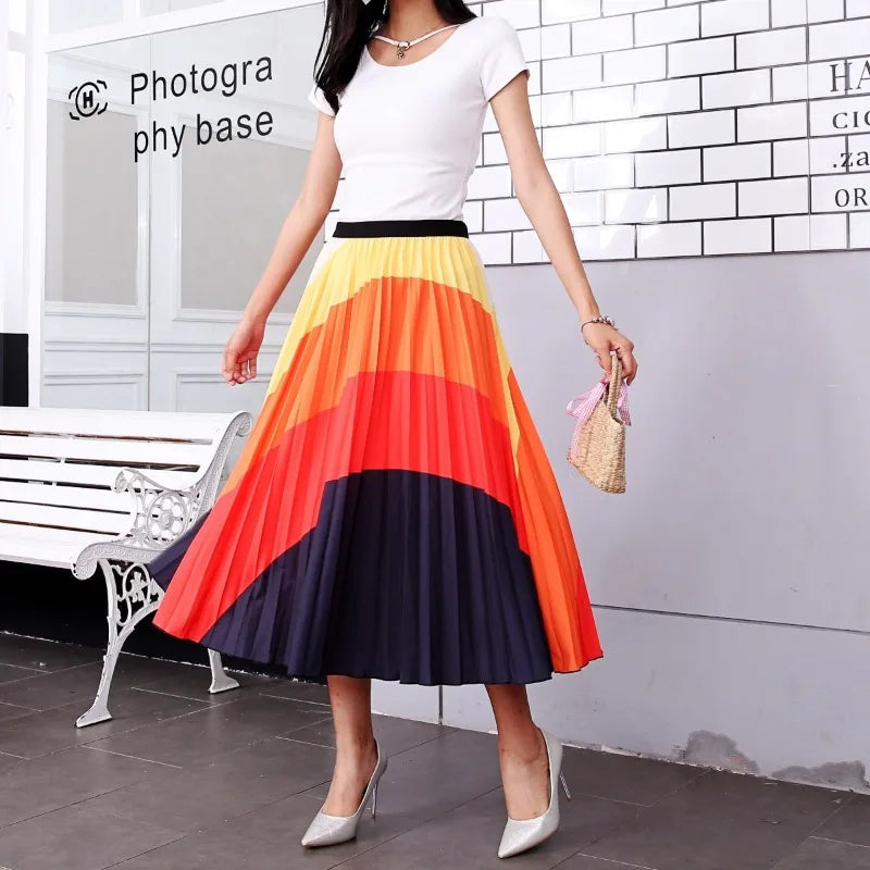 Cartoon Print Pleated  Long Skirt High Waist A-Line