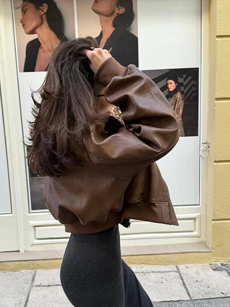 Short Leather Women's Jacket Casual Vintage O-neck  Loose Long Sleeve