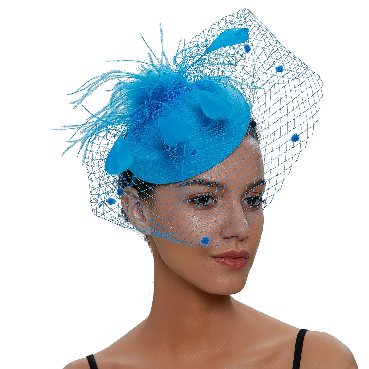 Women's Felt Fascinator Hat Fishnet Veil Small Plush Wave Point Decor Hair Clips Cocktail Headwear Fascinator