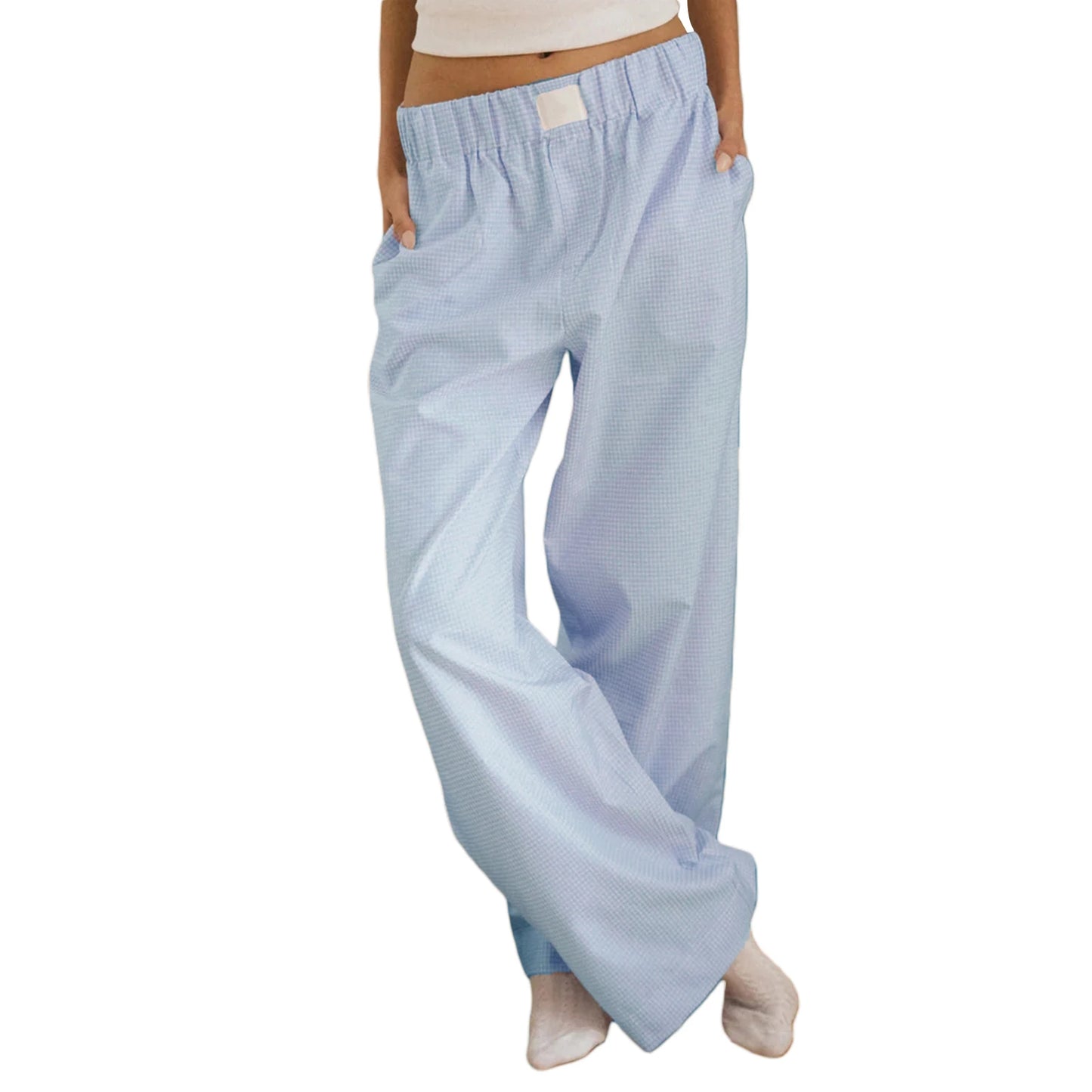 Women s Casual High Waist Wide Leg Palazzo Pants with Drawstring Elastic Waistband and Stylish Plaid Print