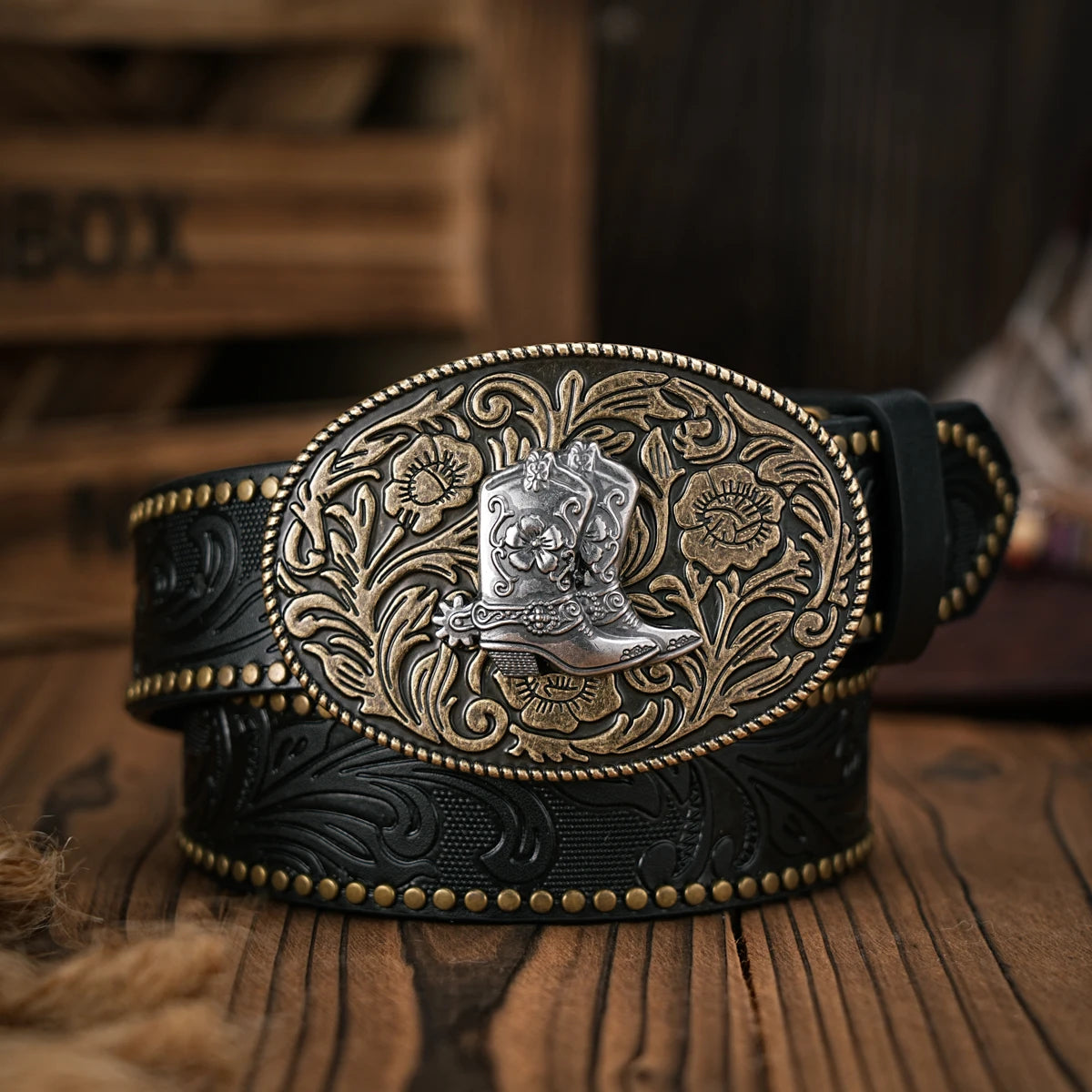 Men - Women - Western Denim - pu leather - Belt - Vintage jeans with floral carved boots buckle belt