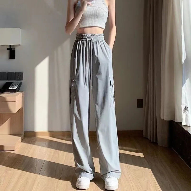 High Waist Pockets Drawstring Elastic Casual Sports Wide Leg  Trousers