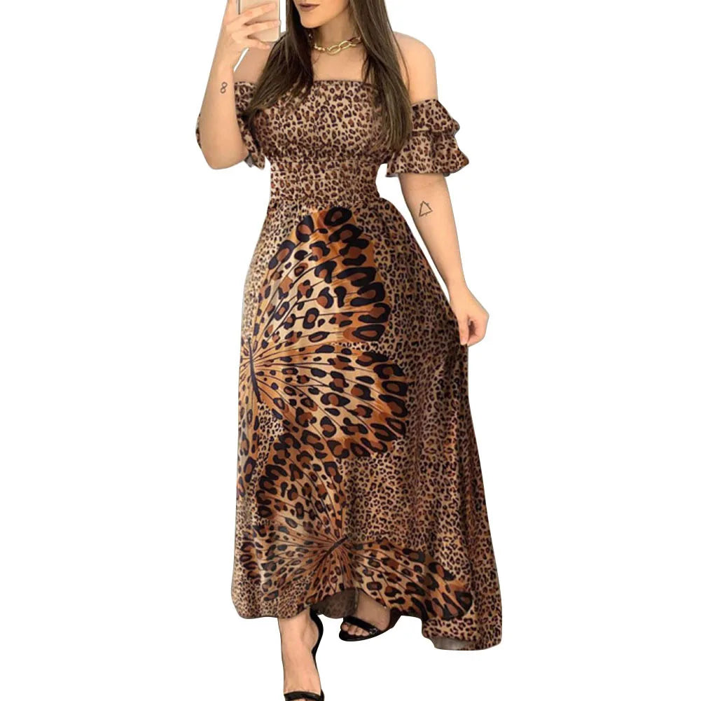 Maxi Dress with Ruffled Off-Shoulder Design and Chic Leopard Print Pattern
