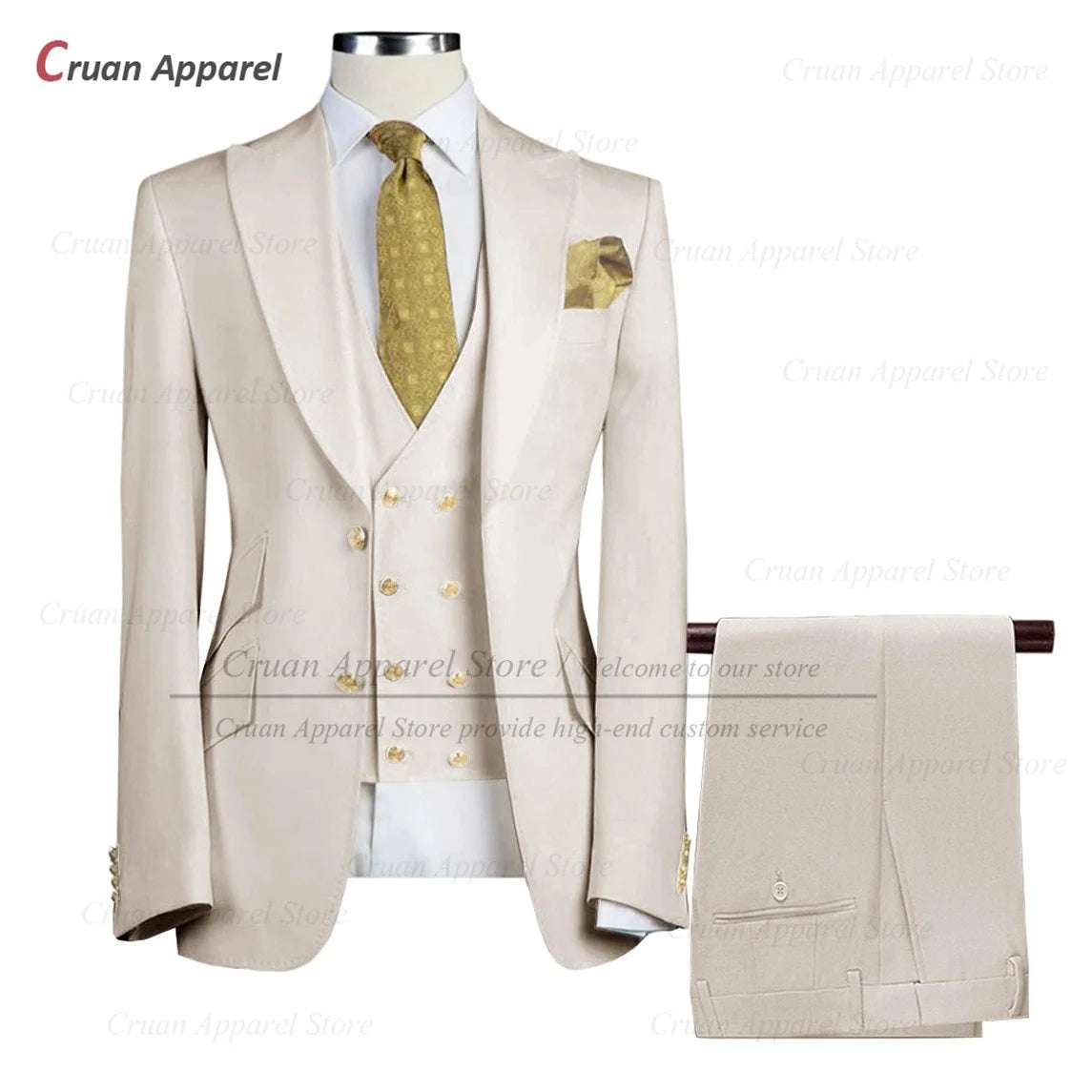 Tailor-made Brand Suits for Men Slim fit Prom Wedding Groom Tuxedo Set Party Gold Buttons Blazer Vest Pants 3 Pieces