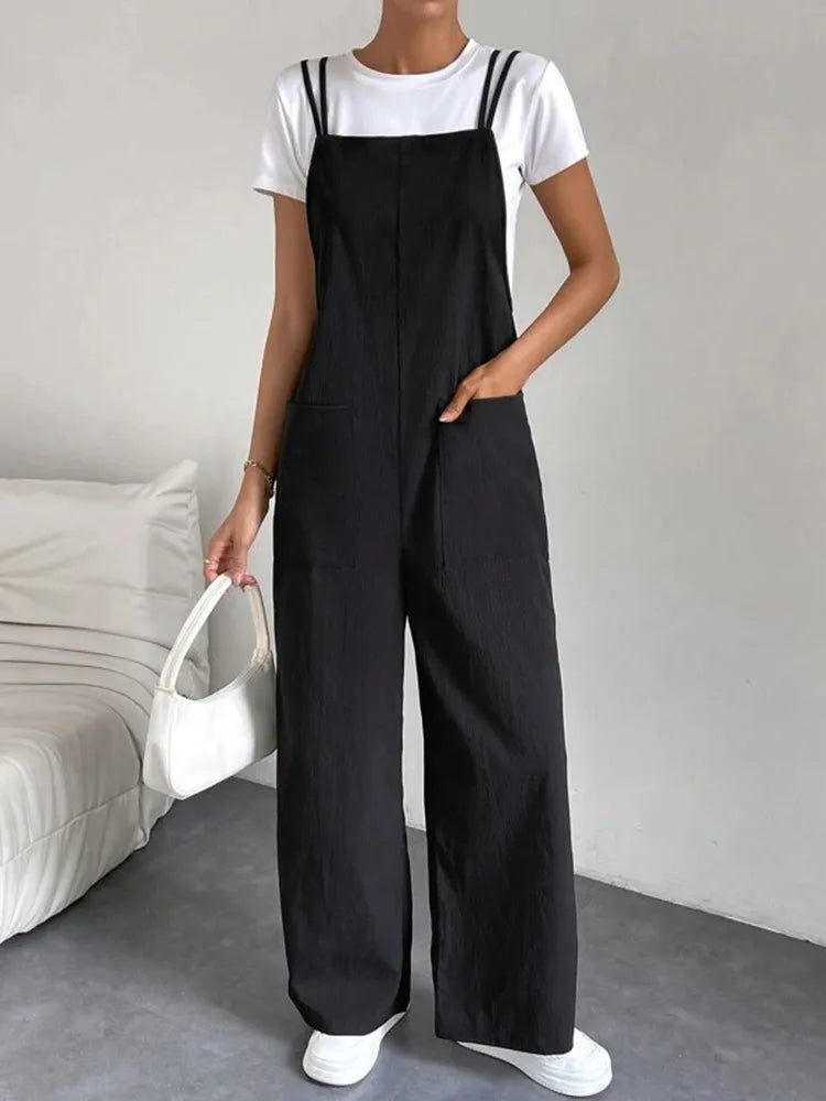 Fashion Casual Women's Solid Black Color Pants Pocket Double Shoulder Thin Straps Straight Overalls Wide-leg Long Pants