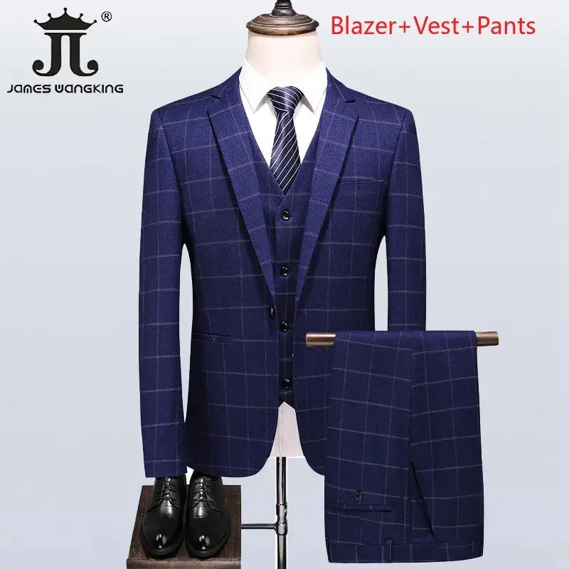 ( Blazer + Vest + Pants ) Boutique British Style Men's Suit Plaid Dress Business Casual Formal Suits 3Pcs Set
