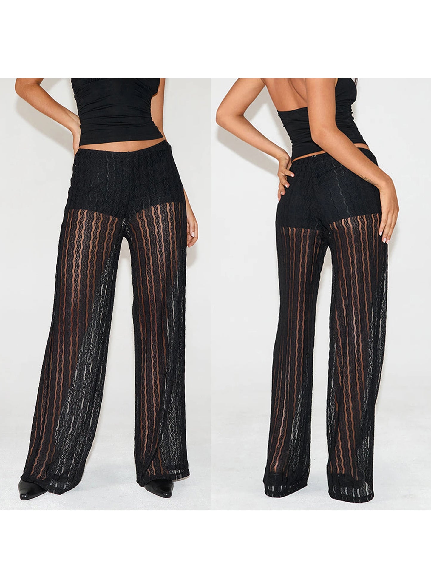 Elegant Lace Trousers with Sheer Details and Flowy Wide Legs Perfect for Daily Wear or Party Events Featuring Elastic