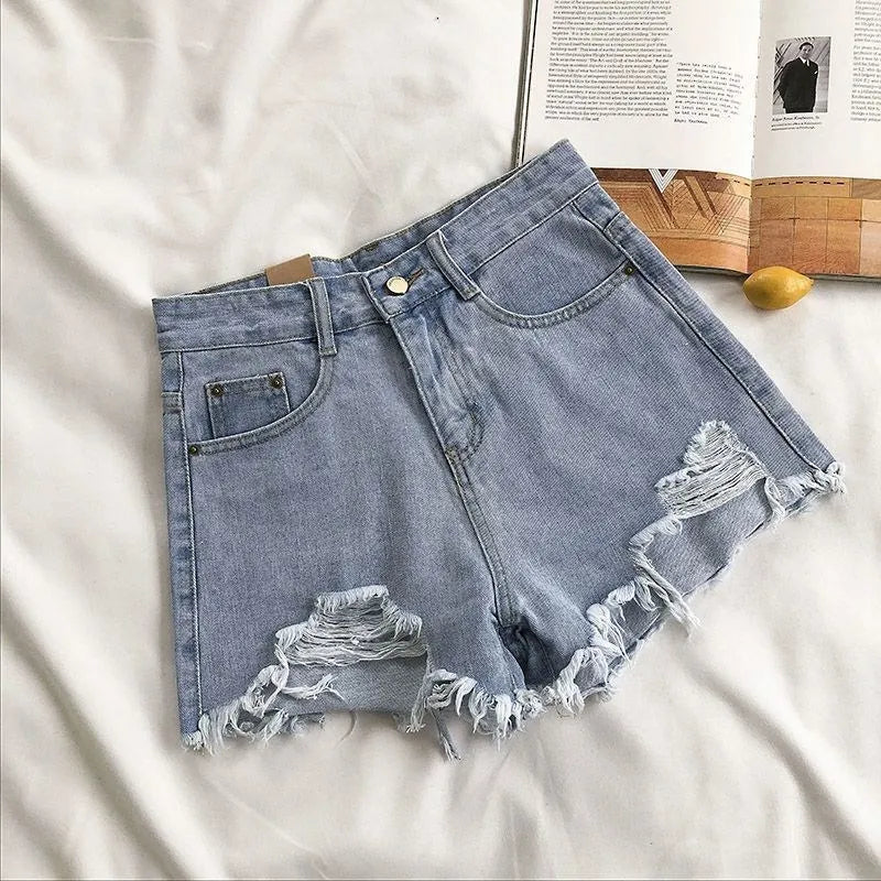 Denim Shorts Women's Summer Fashion Casual High Waist Ripped Jeans Pocket Tassel Streetwear