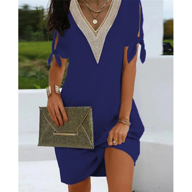 Summer Women Solid Color V-neck Dress Fashion Craft Cuff Split Bow Casual Loose Mini Party Dresses Holiday Street Wear