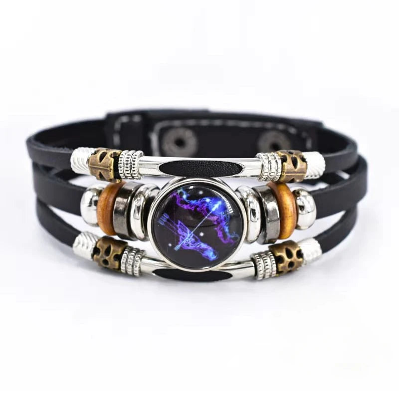 Twelve Constellations Luminous Leather Bracelet Retro Multi-layer Beaded Leather Bracelet Jewelry
