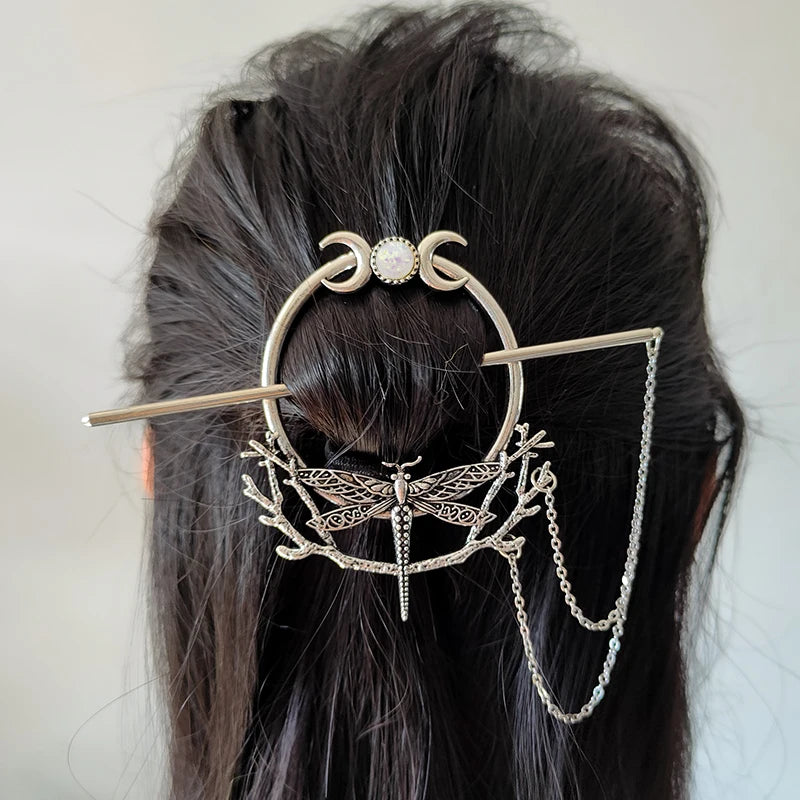 Woodland Goddess Crescent Moon Dragonfly Hair stick Fairy Moon Dragonfly Insect Hair Barrette Hairclip For women