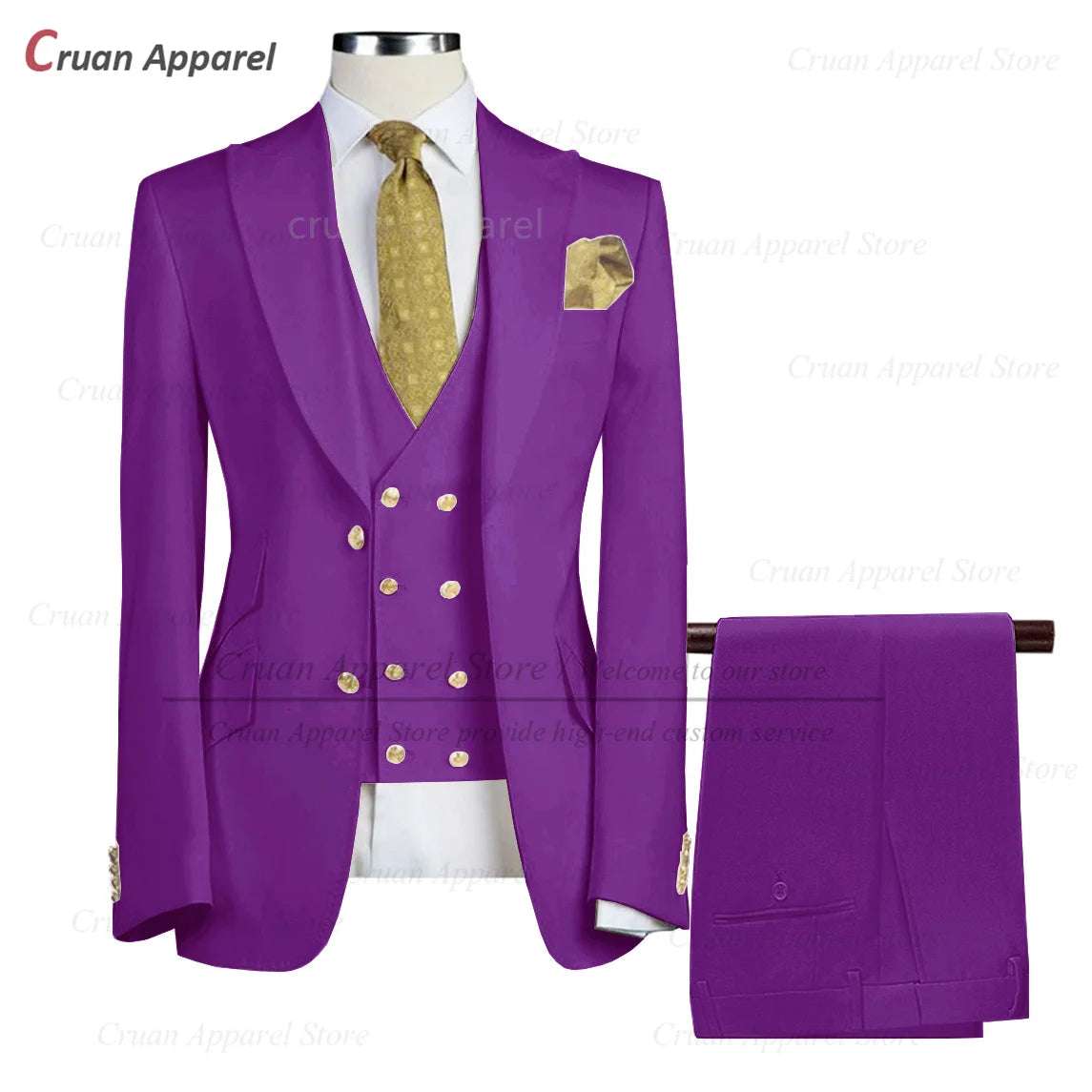 Tailor-made Brand Suits for Men Slim fit Prom Wedding Groom Tuxedo Set Party Gold Buttons Blazer Vest Pants 3 Pieces