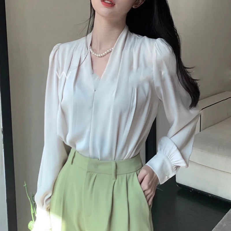 Elegant Fashion Solid Color Bohemian Office Deep V Neck Long Sleeve Tops
