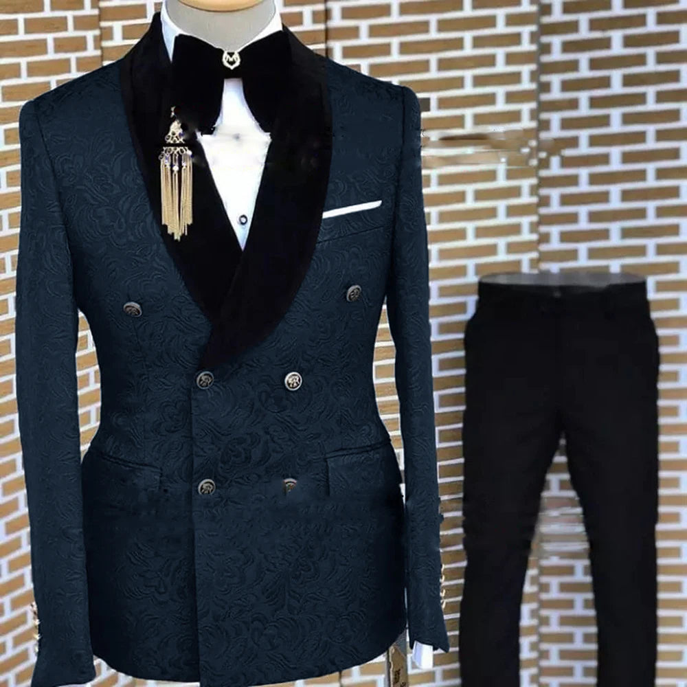 Gray Formal Suit for Men Floral Jacket Pants 2 Piece Set Tuxedo Elegant Men's Suit Handsome Blazer