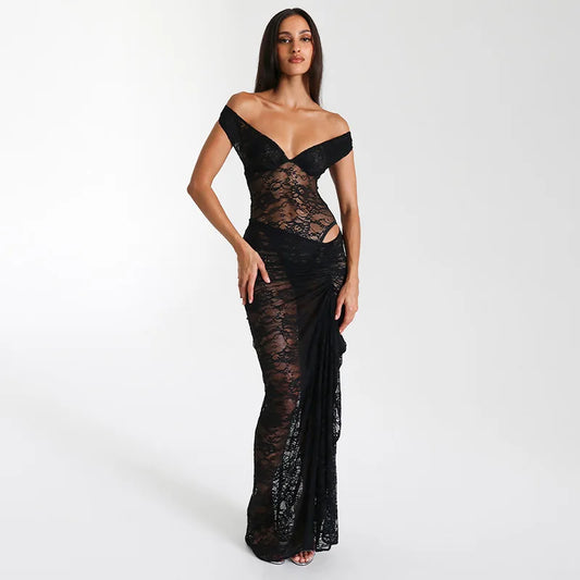 Women Lace outfit Off-shoulder Backless Romper with Pleated Long Skirt Summer Sheer Outfit for Cocktail Party