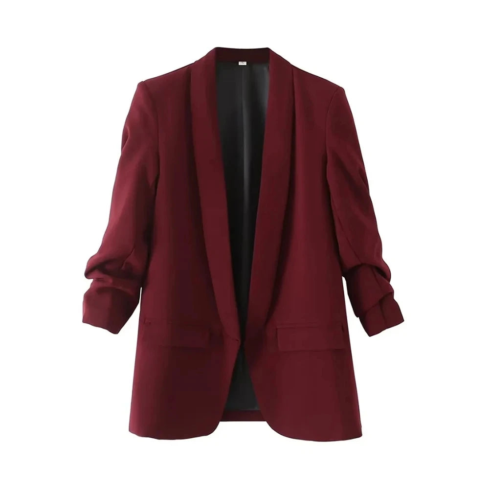 Fashion Office Wear Open Blazer  Vintage Long Pleated Sleeves Flap Pockets Female Outerwear Chic Tops