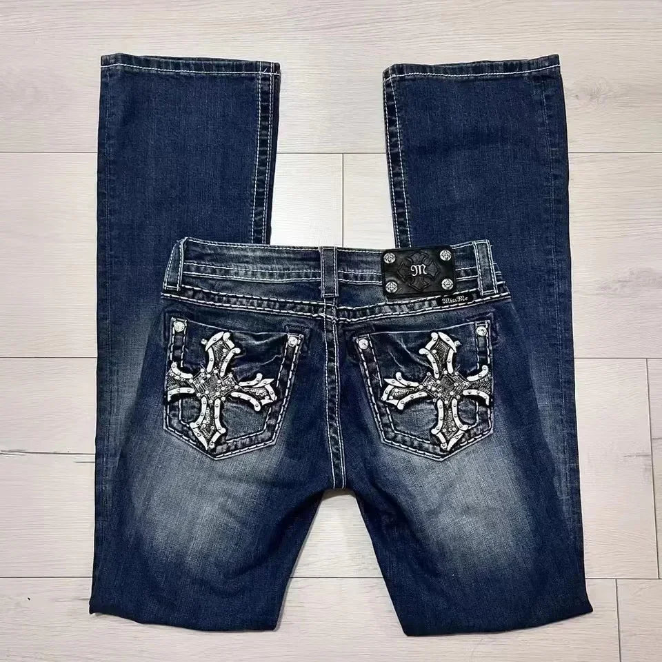 Jeans Leaf Booties American Street Retro Embroidery Loose Casual Jeans High Waist Wide Leg Washed Street Casual Pants