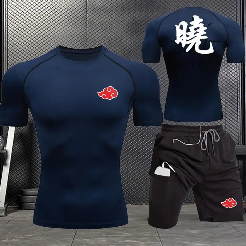 Jogging Breathable Compression Sportswear Summer Men's Training Two-piece Tight T-shirt Fitness Shorts Gym Workout Set S-3xl