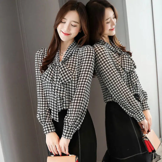 Vintage Houndstooth Printed Bow  V-Neck Pullovers