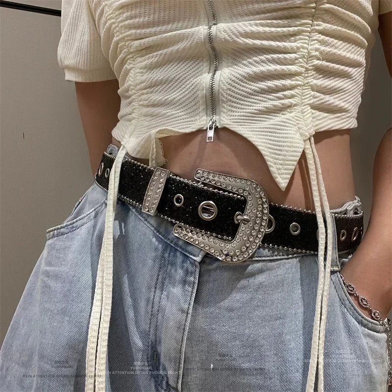 Women Fashion Solid Print Studded Full Rhinestone Belt PU Leather Bling Crystal Adjustable Glitter Waistband