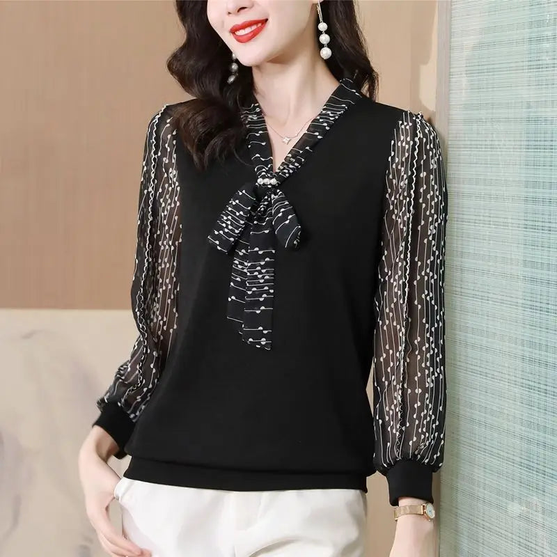 Bow Print Knitted Patchwork  Office  Chic Shirt V Neck Long Sleeve