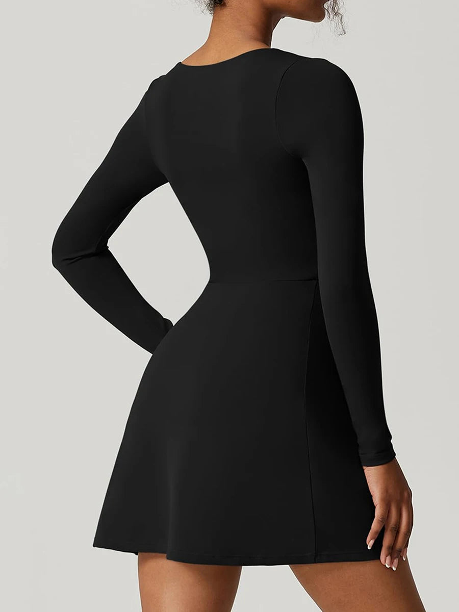 Short Dress Solid Color Long Sleeve Square Neck Split Hem Party Dress