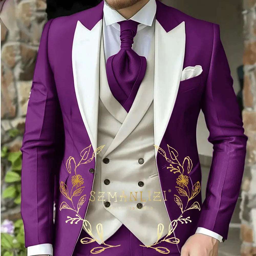 Classic Men's Suit 3 Piece Tuxedo Peaked Lapel Groomsmen Wedding Suits Set Fashion Men Business Blazer Pants Vest