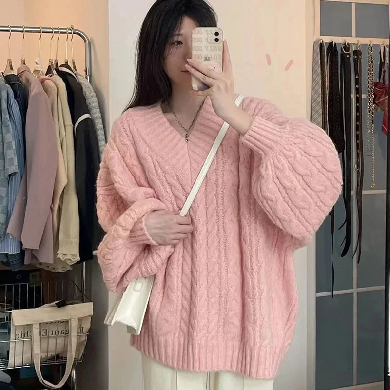 Women's Sweater Oversized Knitted Pullovers Long Sleeve V Neck Knitwear Preppy Solid Loose Jumper